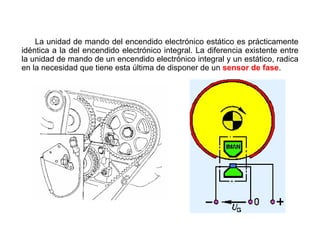 165/264
Unidad de Mando
La unidad de mando del encendido electrónico estático es prácticamente
idéntica a la del encendido electrónico integral. La diferencia existente entre
la unidad de mando de un encendido electrónico integral y un estático, radica
en la necesidad que tiene esta última de disponer de un sensor de fase.
 