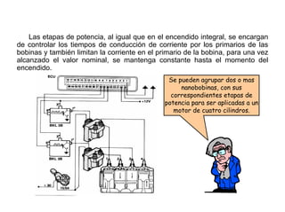 168/264
Etapa de Potencia
Las etapas de potencia, al igual que en el encendido integral, se encargan
de controlar los tiempos de conducción de corriente por los primarios de las
bobinas y también limitan la corriente en el primario de la bobina, para una vez
alcanzado el valor nominal, se mantenga constante hasta el momento del
encendido.
Se pueden agrupar dos o mas
nanobobinas, con sus
correspondientes etapas de
potencia para ser aplicadas a un
motor de cuatro cilindros.
 