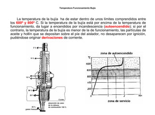 25/264
Temperatura Funcionamiento Bujía
La temperatura de la bujía ha de estar dentro de unos límites comprendidos entre
los 600º y 800º C. Si la temperatura de la bujía está por encima de la temperatura de
funcionamiento, da lugar a encendidos por incandescencia (autoencendido); si por el
contrario, la temperatura de la bujía es menor de la de funcionamiento, las partículas de
aceite y hollín que se depositan sobre el píe del aislador, no desaparecen por ignición,
pudiéndose originar derivaciones de corriente.
 
