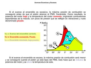 34/264
Avances Excesivos y Escasos
Si el avance al encendido es excesivo, la máxima presión de combustión se
conseguirá antes de que el pistón alcance el PMS, frenándole. Como resultado, la
potencia del motor baja y la temperatura del motor aumenta, originando combustiones
espontáneas de la mezcla, con picos de presión que se reflejan en vibraciones y ruido
denominado picado
1a. a: Avance del encendido correcto.
1b. b: Encendido avanzando, Picado.
1c. c: Encendido retardado, baja presión.
Si el avance al encendido es escaso, la máxima presión de combustión será menor
y se conseguirá cuando el pistón ya está lejos del PMS. Esto hace que se reduzca la
potencia del motor y se eleve la temperatura de este.
 