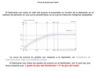 44/264
Curva de Avance por Vacío
El fabricante nos indica el valor del avance al encendido en función de la depresión en el
colector de admisión en una curva característica, en la cual se indica los márgenes aceptables.
La curva de avance en grados con respecto a la depresión, en milímetros de
mercurio (mm. Hg) o en milibares (mbar).
El fabricante nos indica los grados de avance en el distribuidor, por lo que hay que
tener presente que: 1 grado de giro del distribuidor = 2º de giro del motor.
 