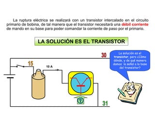 51/264
La Solución
La ruptura eléctrica se realizará con un transistor intercalado en el circuito
primario de bobina, de tal manera que el transistor necesitará una débil corriente
de mando en su base para poder comandar la corriente de paso por el primario.
LA SOLUCIÓN ES EL TRANSISTOR
10 A
La solución es el
transistor, pero ¿Cómo
dónde, y de qué manera
damos la señal a la base
del transistor?
 