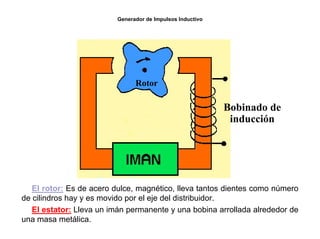 55/264
Generador de Impulsos Inductivo
Rotor
Bobinado de
inducción
El rotor: Es de acero dulce, magnético, lleva tantos dientes como número
de cilindros hay y es movido por el eje del distribuidor.
El estator: Lleva un imán permanente y una bobina arrollada alrededor de
una masa metálica.
 