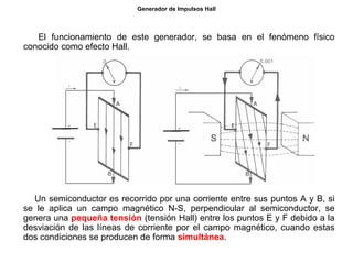 65/264
Generador de Impulsos Hall
El funcionamiento de este generador, se basa en el fenómeno físico
conocido como efecto Hall.
Un semiconductor es recorrido por una corriente entre sus puntos A y B, si
se le aplica un campo magnético N-S, perpendicular al semiconductor, se
genera una pequeña tensión (tensión Hall) entre los puntos E y F debido a la
desviación de las líneas de corriente por el campo magnético, cuando estas
dos condiciones se producen de forma simultánea.
 