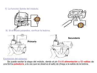 85/264
7) La función Salida del módulo.
8) Si el diodo parpadea, verificar la bobina.
Primario
Secundario
Excitación del sistema:
Se puede excitar la etapa del módulo, dando al pin 5 ó 6 alimentación a 12 voltios de
una forma pulsatoria, a la vez que se observa el salto de chispa a la salida de la bobina.
 