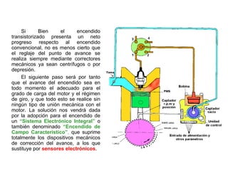 93/264
Encendido Totalmente Electrónico
Si Bien el encendido
transistorizado presenta un neto
progreso respecto al encendido
convencional, no es menos cierto que
el reglaje del punto de avance se
realiza siempre mediante correctores
mecánicos ya sean centrífugos o por
depresión.
El siguiente paso será por tanto
que el avance del encendido sea en
todo momento el adecuado para el
grado de carga del motor y el régimen
de giro, y que todo esto se realice sin
ningún tipo de unión mecánica con el
motor. La solución nos vendrá dada
por la adopción para el encendido de
un “Sistema Electrónico Integral” o
también denominado “Encendido de
Campo Característico”, que suprime
totalmente los dispositivos mecánicos
de corrección del avance, a los que
sustituye por sensores electrónicos.
 