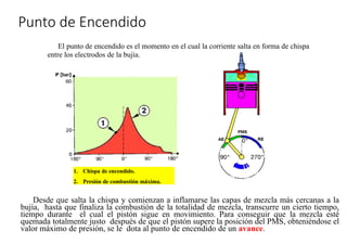»
Punto de Encendido
El punto de encendido es el momento en el cual la corriente salta en forma de chispa
entre los electrodos de la bujía.
Desde que salta la chispa y comienzan a inflamarse las capas de mezcla más cercanas a la
bujía, hasta que finaliza la combustión de la totalidad de mezcla, transcurre un cierto tiempo,
tiempo durante el cual el pistón sigue en movimiento. Para conseguir que la mezcla esté
quemada totalmente justo después de que el pistón supere la posición del PMS, obteniéndose el
valor máximo de presión, se le dota al punto de encendido de un avance.
1. Chispa de encendido.
2. Presión de combustión máxima.
 