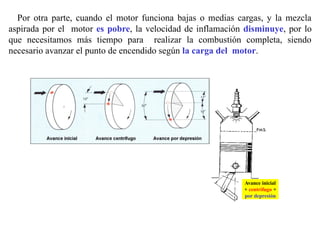 Por otra parte, cuando el motor funciona bajas o medias cargas, y la mezcla
aspirada por el motor es pobre, la velocidad de inflamación disminuye, por lo
que necesitamos más tiempo para realizar la combustión completa, siendo
necesario avanzar el punto de encendido según la carga del motor.
Avance inicial
+ centrífugo +
por depresión
 