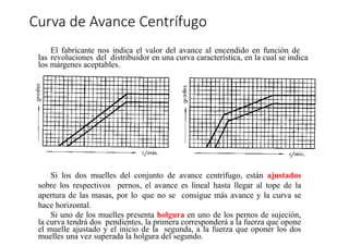 »
Curva de Avance Centrífugo
Si los dos muelles del conjunto de avance centrífugo, están ajustados
sobre los respectivos pernos, el avance es lineal hasta llegar al tope de la
apertura de las masas, por lo que no se consigue más avance y la curva se
hace horizontal.
Si uno de los muelles presenta holgura en uno de los pernos de sujeción,
la curva tendrá dos pendientes, la primera corresponderá a la fuerza que opone
el muelle ajustado y el inicio de la segunda, a la fuerza que oponer los dos
muelles una vez superada la holgura del segundo.
El fabricante nos indica el valor del avance al encendido en función de
las revoluciones del distribuidor en una curva característica, en la cual se indica
los márgenes aceptables.
 