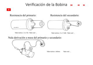 
 
»
Verificación de la Bobina
Resistencia del primario:
Valor teórico: 2 a 5 Ω. Valor real :
Resistencia del secundario:
Valor teórico: 6 a 11 kΩ. Valor real :
Nula derivación a masa del primario y secundario:
Valor teórico: infinito. Valor real :
 