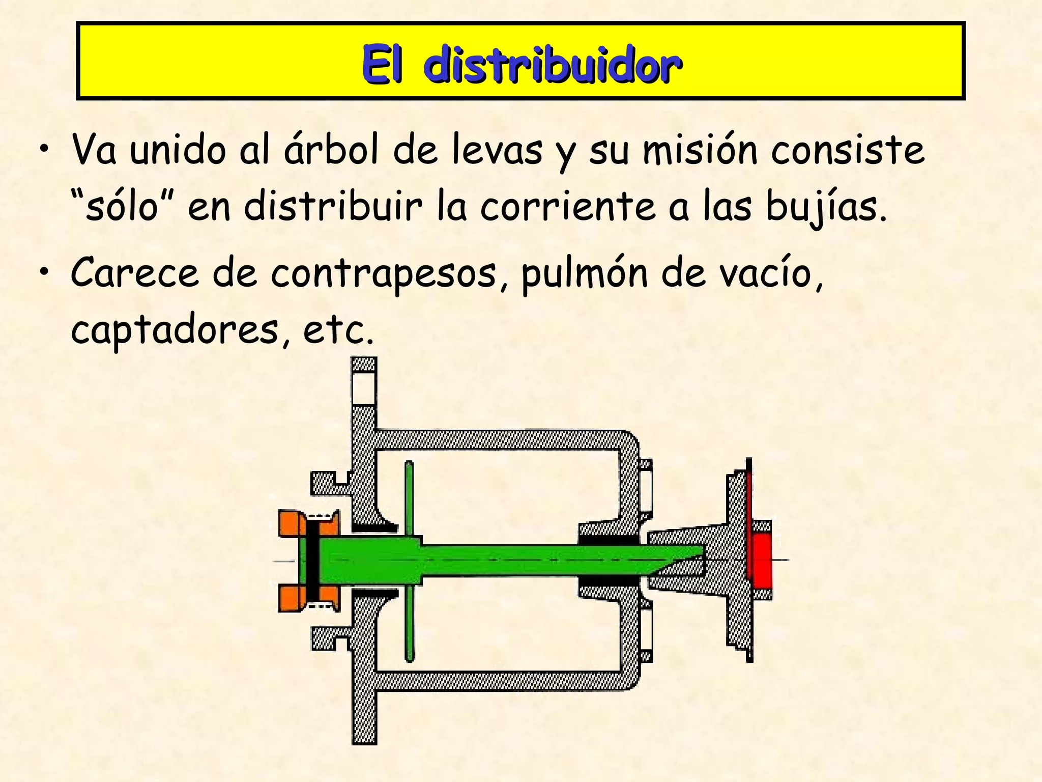 El distribuidor Va unido al árbol de levas y su misión consiste “sólo” en distribuir la corriente a las bujías. Carece de contrapesos, pulmón de vacío, captadores, etc. 