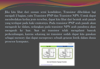 Jika kita lihat dari susuan semi konduktor, Transistor dibedakan lagi
menjadi 2 bagian, yaitu Transistor PNP dan Transistor NPN. Untuk dapat
membedakan kedua jenis tersebut, dapat kita lihat dari bentuk arah panah
yang terdapat pada kaki emitornya. Pada transistor PNP arah panah akan
mengarah ke dalam, sedangkan pada transistor NPN arah panahnya akan
mengarah ke luar. Saat ini transistor telah mengalami banyak
perkembangan, karena sekarang ini transistor sudah dapat kita gunakan
sebagai memory dan dapat memproses sebuah getaran listrik dalam dunia
prosesor komputer.
 