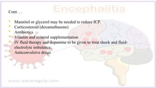 Cont. . .
 Mannitol or glycerol may be needed to reduce ICP.
 Corticosteroid (dexamethasone)
 Antibiotics
 Vitamin and mineral supplementation
 IV fluid therapy and dopamine to be given to treat shock and fluid-
electrolyte imbalance.
 Anticonvulsive drugs
 
