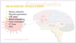 DIAGNOSTIC EVALUATION
 History collection
 Physical examination
 CSF study
 Blood examination
 Urine examination
 CT Scan
 EEG
 