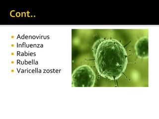  Adenovirus
 Influenza
 Rabies
 Rubella
 Varicella zoster
 