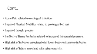 Cont..
• Acute Pain related to meningeal irritation
• Impaired Physical Mobility related to prolonged bed rest
• Impaired thought process
• Ineffective Tissue Perfusion related to increased intracranial pressure.
• High risk of infection associated with lower body resistance to infection
• High risk of injury associated with seizure activity.
 