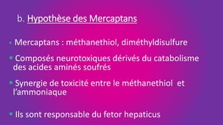 b. Hypothèse des Mercaptans
 Mercaptans : méthanethiol, diméthyldisulfure
 Composés neurotoxiques dérivés du catabolisme
des acides aminés soufrés
 Synergie de toxicité entre le méthanethiol et
l’ammoniaque
 Ils sont responsable du fetor hepaticus
 