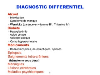 DIAGNOSTIC DIFFERENTIEL
Alcool 
- Intoxication 
- Syndrome de manque 
- Wernicke (carence en vitamine B1, Thiamine IV) 
Diabète 
- Hypoglycémie 
- Acido-cétose 
- Acidose lactique 
- Coma hyperosmolaire 
Médicaments 
- Benzodiazepines, neuroleptiques, opiacés 
Epilepsie,  
Saignements intra-crâniens  
(hématome sous dural) 
Méningites 
Lésions cérébrales 
Maladies psychiatriques  8
 