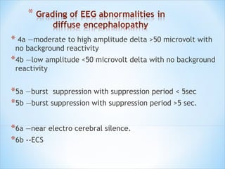 * 4a —moderate to high amplitude delta >50 microvolt with
no background reactivity

*4b —low amplitude <50 microvolt delta with no background
reactivity

*5a —burst suppression with suppression period < 5sec
*5b —burst suppression with suppression period >5 sec.
*6a —near electro cerebral silence.
*6b --ECS

 