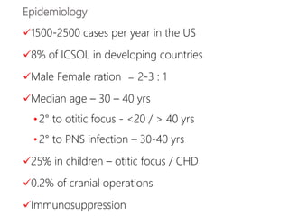 Epidemiology
1500-2500 cases per year in the US
8% of ICSOL in developing countries
Male Female ration = 2-3 : 1
Median age – 30 – 40 yrs
• 2° to otitic focus - <20 / > 40 yrs
• 2° to PNS infection – 30-40 yrs
25% in children – otitic focus / CHD
0.2% of cranial operations
Immunosuppression
 