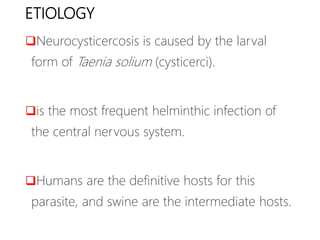 ETIOLOGY
Neurocysticercosis is caused by the larval
form of Taenia solium (cysticerci).
is the most frequent helminthic infection of
the central nervous system.
Humans are the definitive hosts for this
parasite, and swine are the intermediate hosts.
 