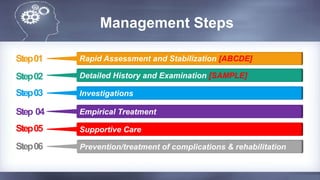 Management Steps
Detailed History and Examination [SAMPLE]Step02
InvestigationsStep03
Empirical TreatmentStep 04
Supportive CareStep05
Rapid Assessment and Stabilization [ABCDE]Step01
Prevention/treatment of complications & rehabilitationStep06
Management Steps
 