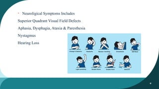 6
• Neuroligical Symptoms Includes
Superior Quadrant Visual Field Defects
Aphasia, Dysphagia, Ataxia & Paresthesia
Nystagmus
Hearing Loss
 