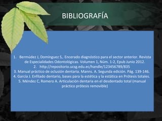 1. Bermúdez J, Domínguez S,. Encerado diagnóstico para el sector anterior. Revista
de Especialidades Odontológicas. Volumen 1, Núm. 1-2, Epub Junio 2012.
2. http://repositorio.ucsg.edu.ec/handle/123456789/835
3. Manual práctico de oclusión dentaria. Manns. A. Segunda edición. Pág. 139-146.
4. García J. Enfilado dentario, bases para la estética y la estática en Prótesis totales.
5. Méndez C, Romero A. Articulación dentaria en el desdentado total (manual
práctico prótesis removible)
BIBLIOGRAFÍA
 