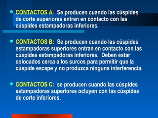  CONTACTOS A: Se producen cuando las cúspides
de corte superiores entran en contacto con las
cúspides estampadoras inferiores.
 CONTACTOS B: Se producen cuando las cúspides
estampadoras superiores entran en contacto con las
cúspides estampadoras inferiores. Deben estar
colocados cerca a los surcos para permitir que la
cúspide escape y no produzca ninguna interferencia.
 CONTACTOS C: se producen cuando las cúspides
estampadoras superiores ocluyen con las cúspides
de corte inferiores.
 