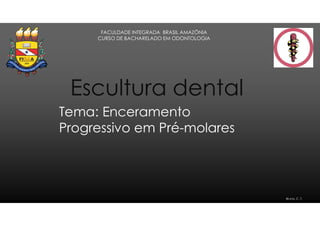 Escultura dental
Tema: Enceramento
Progressivo em Pré-molares
FACULDADE INTEGRADA BRASIL AMAZÔNIA
CURSO DE BACHARELADO EM ODONTOLOGIA
Bruna, C. T.
 