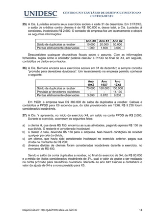 CENTRO UNIVERSITÁRIO DE DESENVOLVIMENTO DO
                                                  CENTRO-OESTE

25) A Cia. Lusíadas encerra seus exercícios sociais a cada 31 de dezembro. Em 31/12/X3,
    o saldo de créditos contra clientes é de R$ 100.000 e, desse total, a Cia. Lusíadas já
    considerou incobráveis R$ 2.600. O contador da empresa fez um levantamento e obteve
    as seguintes informações:

                                                   Ano X0   Ano X1   Ano X2
            Saldo de duplicatas a receber          10.000   20.000   50.000
            Perdas efetivamente observadas          1.000    1.600    3.000

    Desconsidere quaisquer dispositivos fiscais sobre o assunto. Com as informações
fornecidas, sugira como o contador poderia calcular a PPDD no final de X3, em seguida,
contabilize os dados encontrados.

26) A Cia. Romana encerra seus exercícios sociais em 31 de dezembro e sempre constitui
    “provisão para devedores duvidosos”. Um levantamento na empresa permitiu conhecer
    o seguinte:

                                                     Ano      Ano     Ano
                                                    19X6     19X7    19X8
            Saldo de duplicatas a receber          70.000   160.000 130.000
            Provisão p/ devedores duvidosos           -        -    14.130
            Perdas efetivamente observadas          3.690    6.872   9.238

    Em 19X9, a empresa teve R$ 380.000 de saldo de duplicatas a receber. Calcule e
contabilize a PPDD para X9 sabendo que, do total provisionado em 19X8, R$ 9.238 foram
considerados incobráveis.

27) A Cia. Y apresenta, no ínicio do exercício X4, um saldo na conta PPDD de R$ 2.000.
    Durante o exercício, ocorreram os seguintes fatos:

a)   o cliente H, que devia R$ 150, encerrou as suas atividades, pagando apenas R$ 130 de
     sua dívida. O restante é considerado incobrável;
b)   o cliente Z faliu, devendo R$ 150 para a empresa. Não haverá condições de receber
     qualquer parcela da dívida;
c)   um cliente, que havia sido considerado incobrável no exercício anterior, pagou sua
     dívida no montante de R$ 200;
d)   diversas dívidas de clientes foram consideradas incobráveis durante o exercício, no
     montante de R$ 400.

    Sendo o saldo da conta duplicatas a receber, no final do exercício de X4, de R$ 80.000
e a média de títulos considerados incobráveis de 3%, qual o valor do ajuste a ser realizado
na conta provisão para devedores duvidosos referente ao ano X4? Calcule e contabilize o
valor do ajuste de X4 e a nova provisão para X5.




Disponível em: http://julio1976.sites.uol.com.br                                        14
 