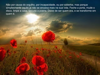 Não por causa do orgulho, por incapacidade, ou por soberba, mas porque
simplesmente aquilo já não se encaixa mais na sua vida. Feche a porta, mude o
disco, limpe a casa, sacuda a poeira. Deixe de ser quem era, e se transforme em
quem é.
 