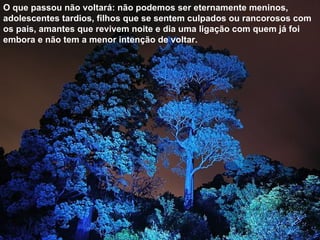 O que passou não voltará: não podemos ser eternamente meninos, adolescentes tardios, filhos que se sentem culpados ou rancorosos com os pais, amantes que revivem noite e dia uma ligação com quem já foi embora e não tem a menor intenção de voltar.  