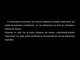 A continuación encontrará las mismas imágenes revisadas hasta ahora, las
cuales se presentan, inicialmente, sin las referencias con el fin de utilizarlas a
manera de repaso.
Haciendo un click con el botón izquierdo del mouse u oprimiendo el botón
“page down” (av. pág), podrá corroborar la correspondencia con las referencias
originales.
 
