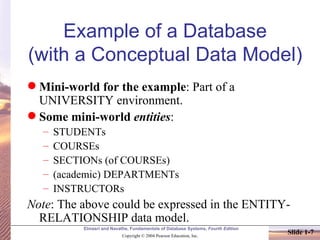 Example of a Database (with a Conceptual Data Model) Mini-world for the example : Part of a UNIVERSITY environment. Some mini-world  entities : STUDENTs COURSEs SECTIONs (of COURSEs) (academic) DEPARTMENTs INSTRUCTORs Note : The above could be expressed in the ENTITY-RELATIONSHIP data model. 