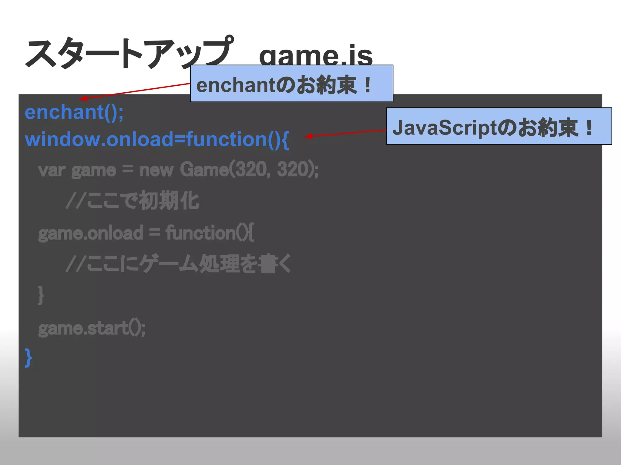 スタートアップ　game.js
                   enchantのお約束！
enchant();
                                  JavaScriptのお約束！
window.onload=function(){
　var game = new Game(320, 320);
　　　//ここで初期化
　game.onload = function(){
　　　//ここにゲーム処理を書く
　}
　game.start();
}
 