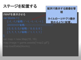 ステージを配置する                     配列で表示する画像を管
                                   理
//MAPを表示させる
var blocks = [                        タイルの一コマづつ敷き
   [ -1, -1,//省略// -1, -1, -1, -1 ],    詰めるように配置。
   ////////////////省略/////////////////////
   [ 0, 0, 0, 0,//省略// 0, 0, 0, 0 ],
   [ 1, 1, 1, 1,//省略// 1, 1, 1, 1 ]
];
var map = new Map(16, 16);
map.image = game.assets["map2.gif"];
map.loadData(blocks);
 