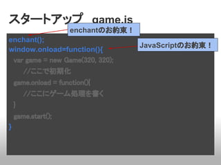 スタートアップ　game.js
                   enchantのお約束！
enchant();
                                  JavaScriptのお約束！
window.onload=function(){
　var game = new Game(320, 320);
　　　//ここで初期化
　game.onload = function(){
　　　//ここにゲーム処理を書く
　}
　game.start();
}
 
