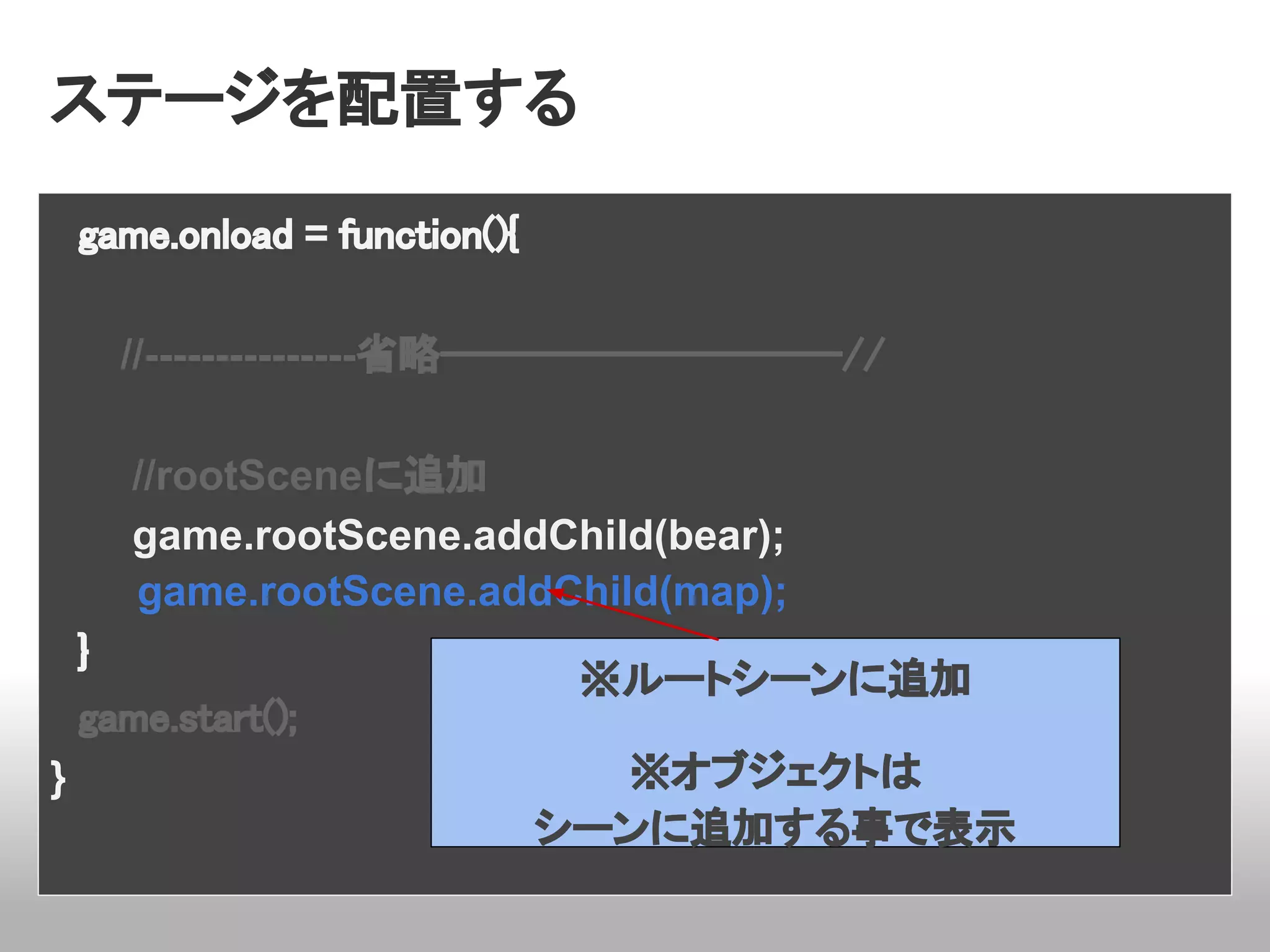 ステージを配置する

　game.onload = function(){

     //---------------省略-------------------//

     //rootSceneに追加
     game.rootScene.addChild(bear);
     game.rootScene.addChild(map);
　}
                              ※ルートシーンに追加
　game.start();
}                              ※オブジェクトは
                             シーンに追加する事で表示
 