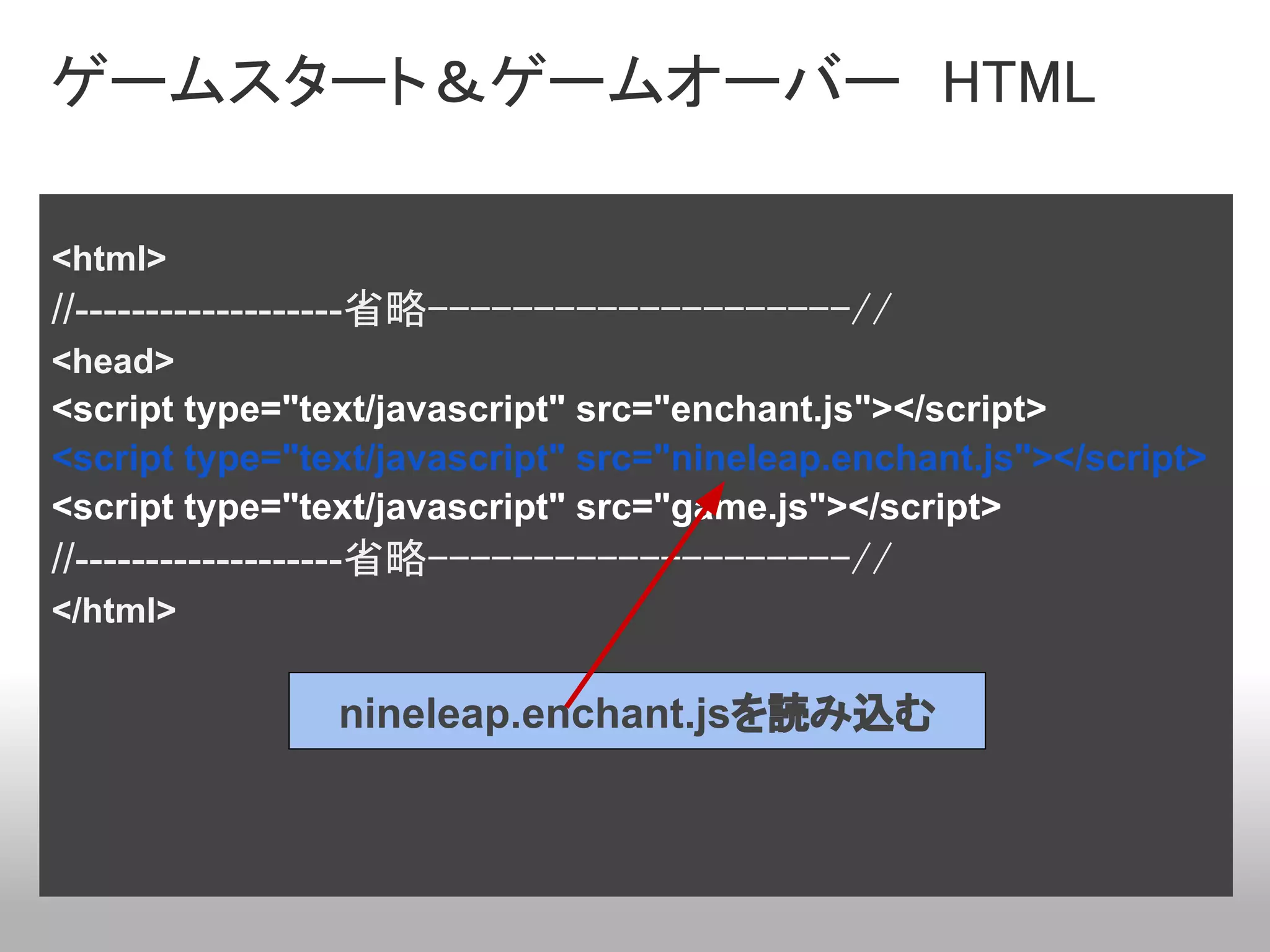 ゲームスタート＆ゲームオーバー　HTML

<html>
//-------------------省略--------------------//
<head>
<script type="text/javascript" src="enchant.js"></script>
<script type="text/javascript" src="nineleap.enchant.js"></script>
<script type="text/javascript" src="game.js"></script>
//-------------------省略--------------------//
</html>

                nineleap.enchant.jsを読み込む
 