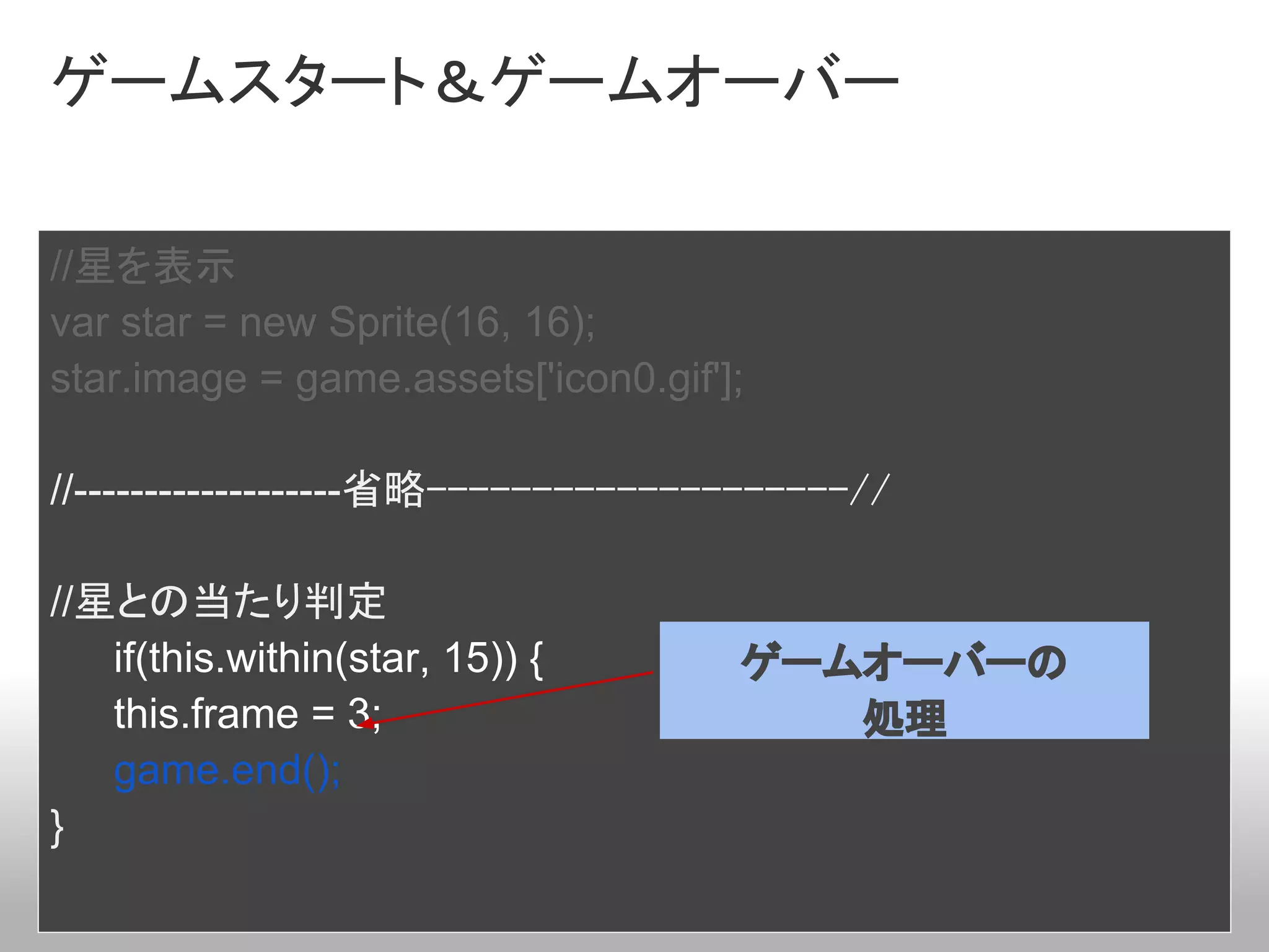 ゲームスタート＆ゲームオーバー

//星を表示
var star = new Sprite(16, 16);
star.image = game.assets['icon0.gif'];

//-------------------省略--------------------//

//星との当たり判定
   if(this.within(star, 15)) {       ゲームオーバーの
   this.frame = 3;                      処理
   game.end();
}
 