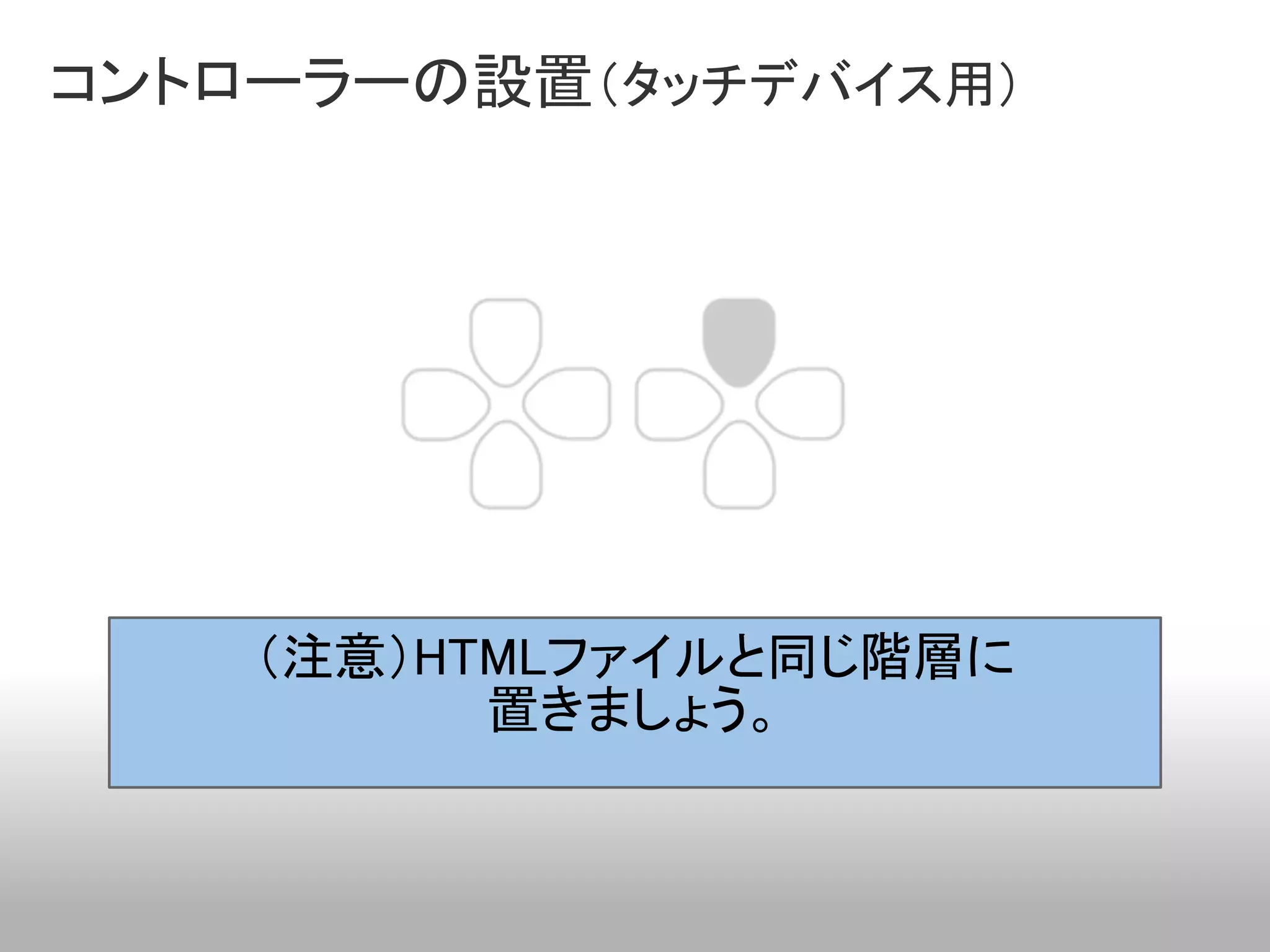 コントローラーの設置（タッチデバイス用）




    （注意）HTMLファイルと同じ階層に
          置きましょう。
 