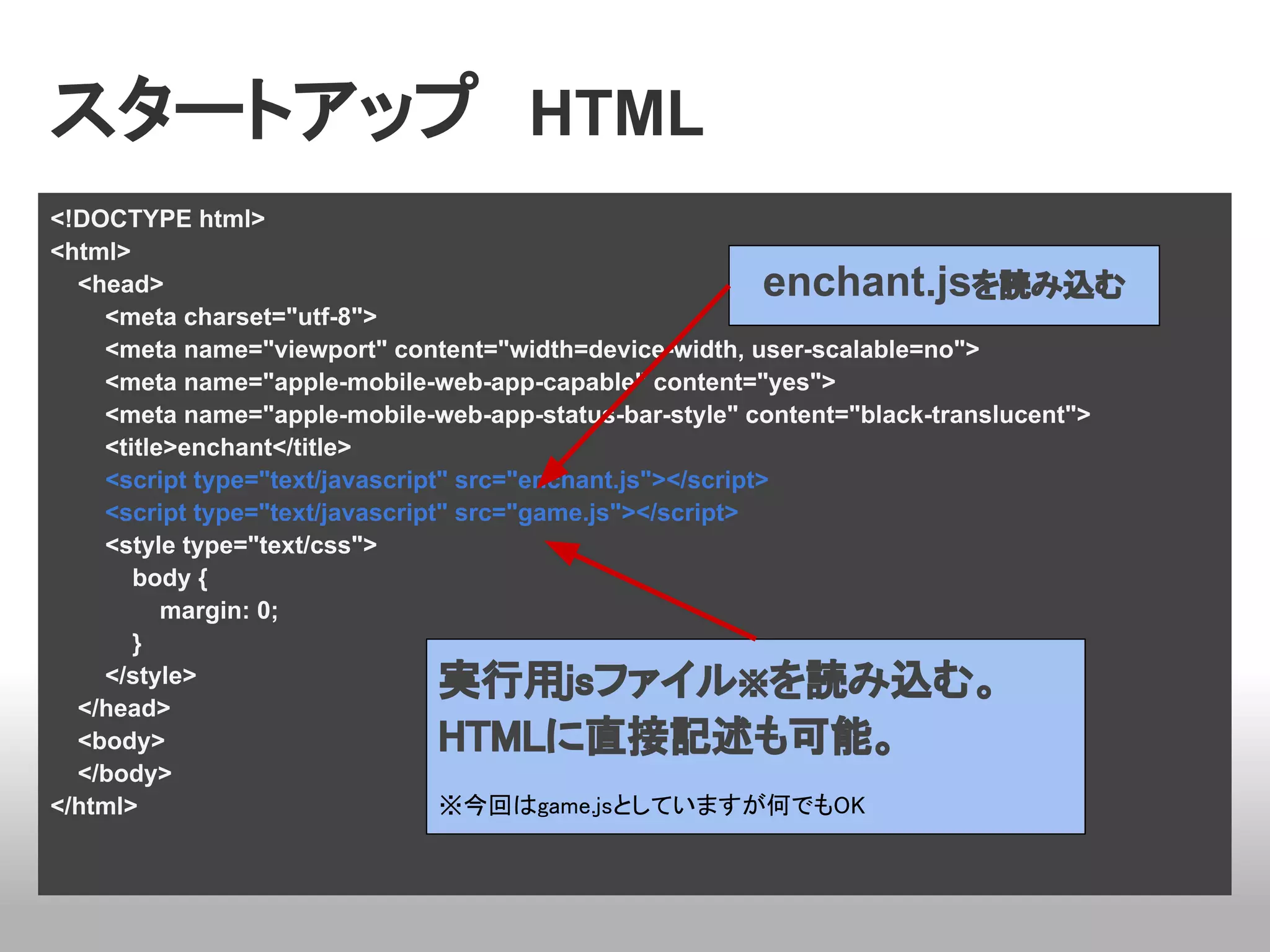 スタートアップ　HTML
<!DOCTYPE html>
<html>
  <head>                                              enchant.js          を読み込む
    <meta charset="utf-8">
    <meta name="viewport" content="width=device-width, user-scalable=no">
    <meta name="apple-mobile-web-app-capable" content="yes">
    <meta name="apple-mobile-web-app-status-bar-style" content="black-translucent">
    <title>enchant</title>
    <script type="text/javascript" src="enchant.js"></script>
    <script type="text/javascript" src="game.js"></script>
    <style type="text/css">
       body {
          margin: 0;
       }
    </style>                 実行用jsファイル を読み込む。             ※
  </head>
  <body>                     HTMLに直接記述も可能。
  </body>
</html>                          ※今回はgame.jsとしていますが何でもOK
 