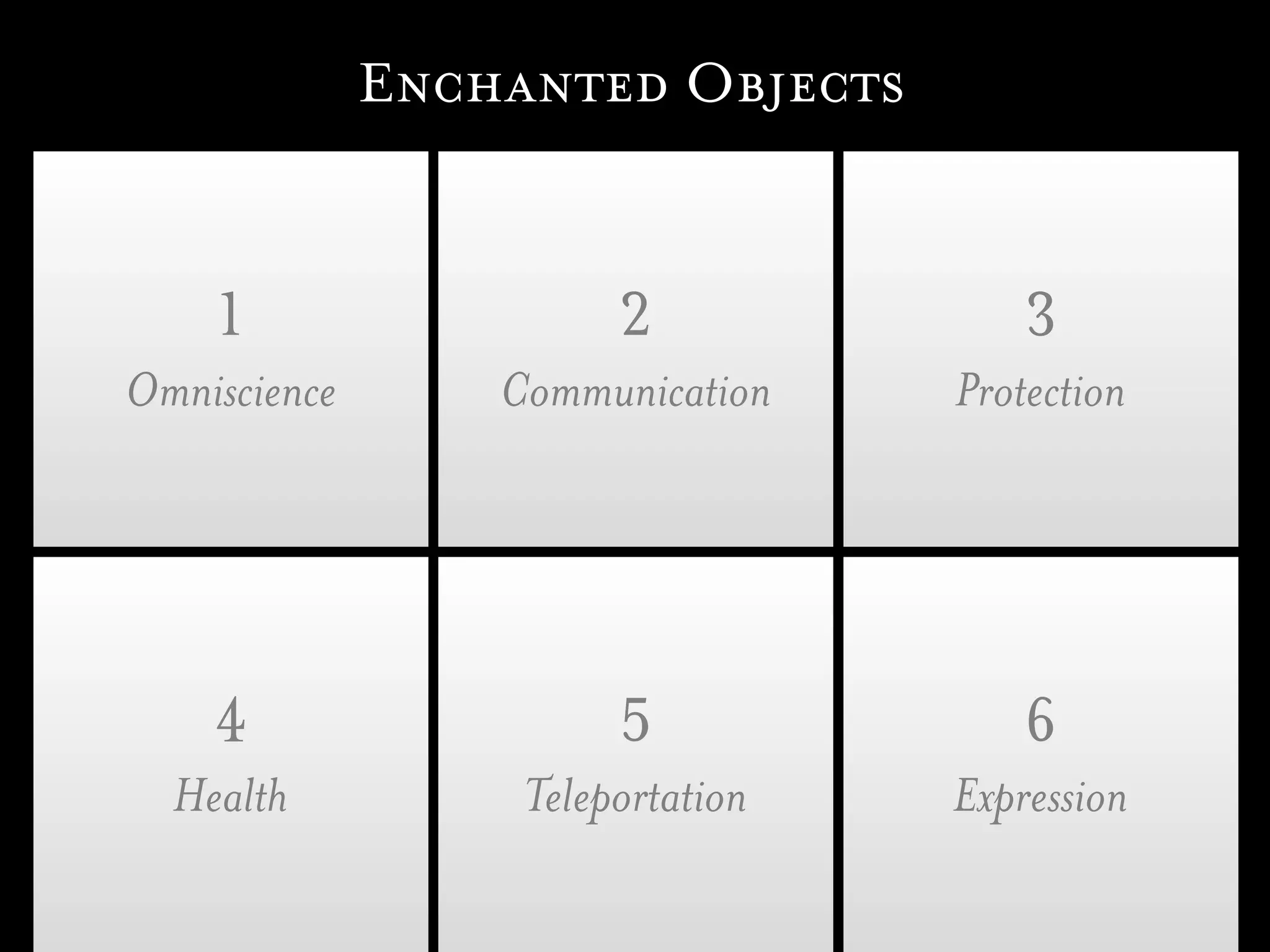 Enchanted Objects


    1                   2              3
Omniscience       Communication    Protection




    4                   5              6
  Health           Teleportation   Expression
 