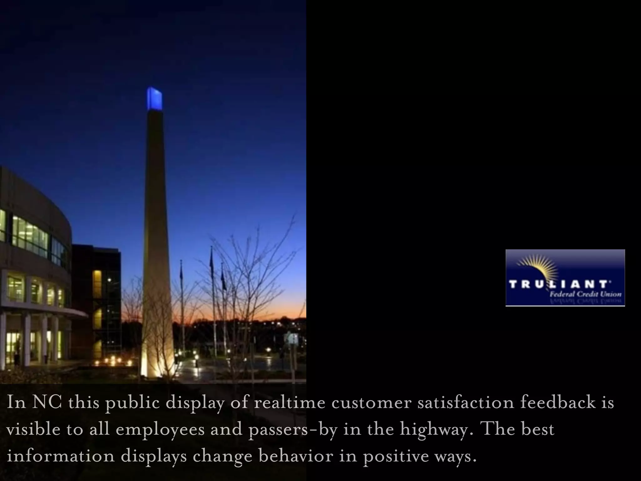 In NC this public display of realtime customer satisfaction feedback is
visible to all employees and passers-by in the highway. The best
information displays change behavior in positive ways.
 