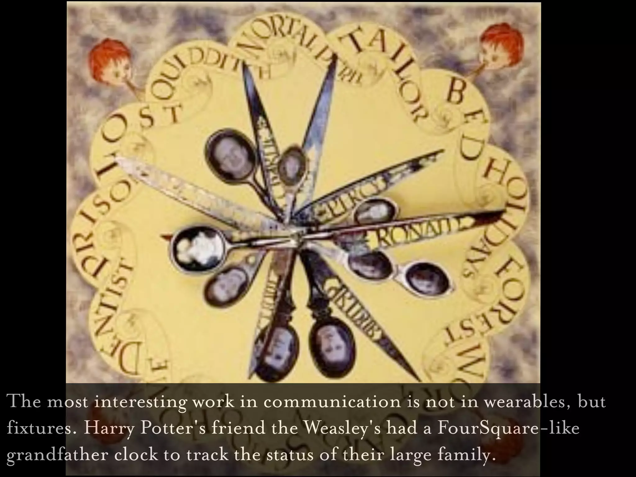 The most interesting work in communication is not in wearables, but
fixtures. Harry Potter's friend the Weasley's had a FourSquare-like
grandfather clock to track the status of their large family.
 
