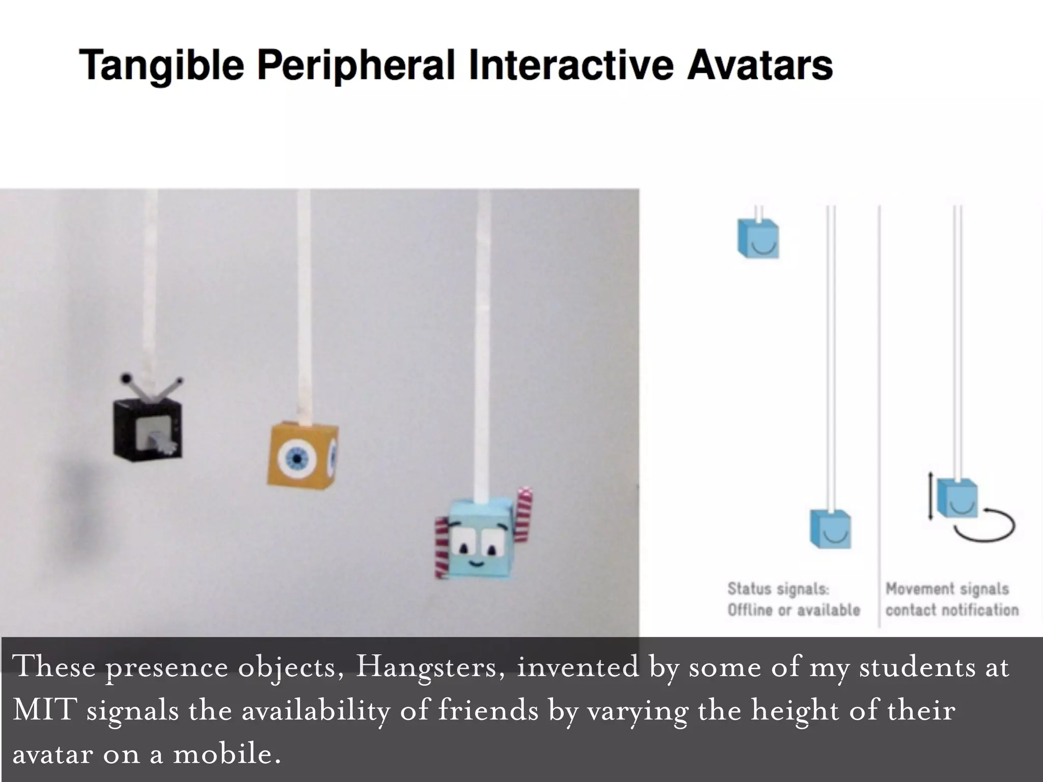 These presence objects, Hangsters, invented by some of my students at
                                                    Enchanted Objects
MIT signals the availability of friends by varying the height of their
avatar on a mobile.
 