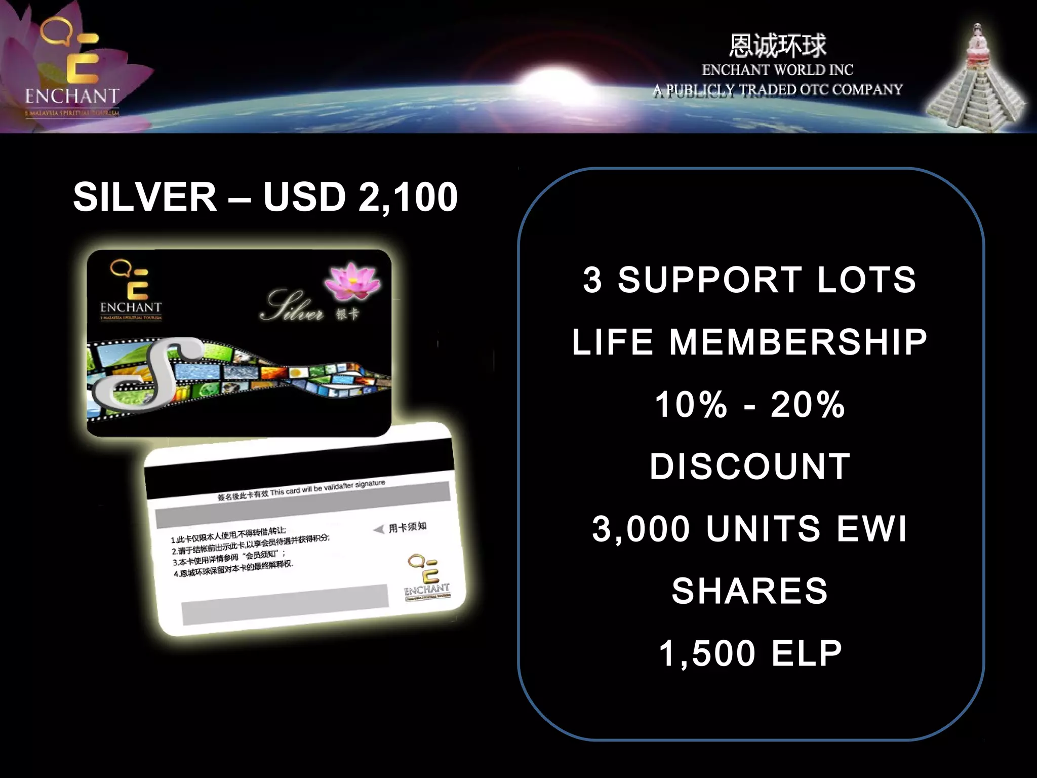 SILVER – USD 2,100
3 SUPPORT LOTS
LIFE MEMBERSHIP
10% - 20%
DISCOUNT
3,000 UNITS EWI
SHARES
1,500 ELP

 