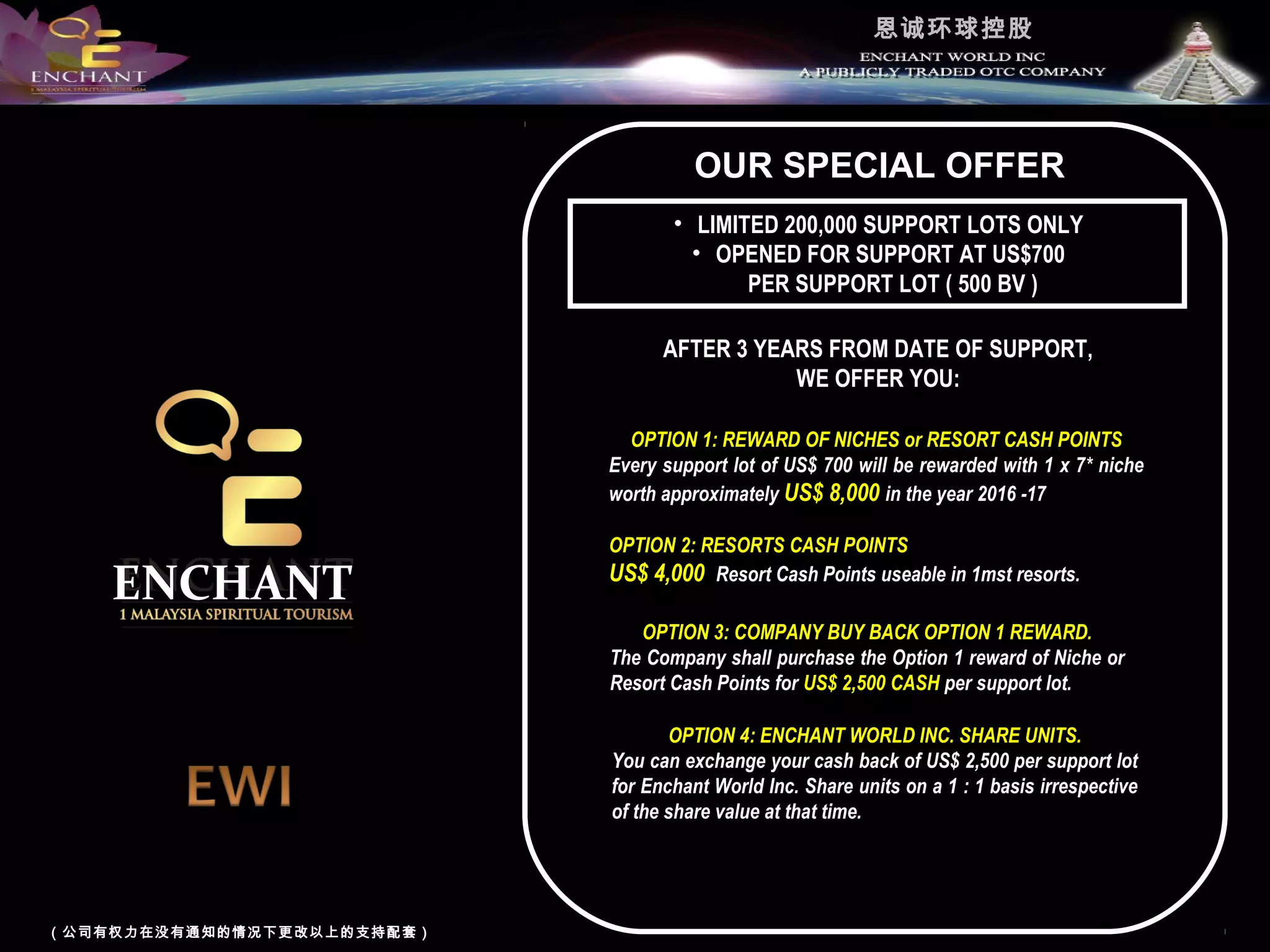 恩诚环球控股

OUR SPECIAL OFFER
• LIMITED 200,000 SUPPORT LOTS ONLY
• OPENED FOR SUPPORT AT US$700
PER SUPPORT LOT ( 500 BV )
AFTER 3 YEARS FROM DATE OF SUPPORT,
WE OFFER YOU:
OPTION 1: REWARD OF NICHES or RESORT CASH POINTS
Every support lot of US$ 700 will be rewarded with 1 x 7* niche
worth approximately US$ 8,000 in the year 2016 -17

ENCHANT

OPTION 2: RESORTS CASH POINTS
US$ 4,000 Resort Cash Points useable in 1mst resorts.
OPTION 3: COMPANY BUY BACK OPTION 1 REWARD.
The Company shall purchase the Option 1 reward of Niche or
Resort Cash Points for US$ 2,500 CASH per support lot.
OPTION 4: ENCHANT WORLD INC. SHARE UNITS.
You can exchange your cash back of US$ 2,500 per support lot
for Enchant World Inc. Share units on a 1 : 1 basis irrespective
of the share value at that time.

（公司有权力在没有通知的情况下更改以上的支持配套）

 