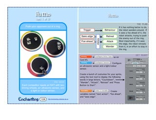 Sumo
➔ as on
Card #5.
➔ . Conﬁgure
an ultrasonic sensor and a light/colour
sensor.
Create a bunch of costumes for your sprite,
using the text tool to display the following
words in large letters, “Countdown”,
“Wander”, “Attack”, “Retreat” and “Press
Button to Start”.
➔ . Create
variables named “next action”, “foe ahead”,
and “sees edge”.
YOU$NEED
Each competitor needs an NXT with two
driving wheels, an ultrasonic sensor, and
a light or colour sensor.
Push your opponent out of a ring.
Sumo
http://enchanting.robotclub.ab.ca12A
Trigger Behaviour
Sees edge Retreat
Foe ahead Attack
Wander
Arbiter
GET$READY
THE$PLAN
If it has nothing better to do,
the robot wanders around. If
it sees a foe ahead of it, the
robot attacks, trying to push
the enemy out of the ring.
Most importantly, if it sees
the edge, the robot retreats
from it, in an effort to stay in
the ring.
(card 1 of 2)
 